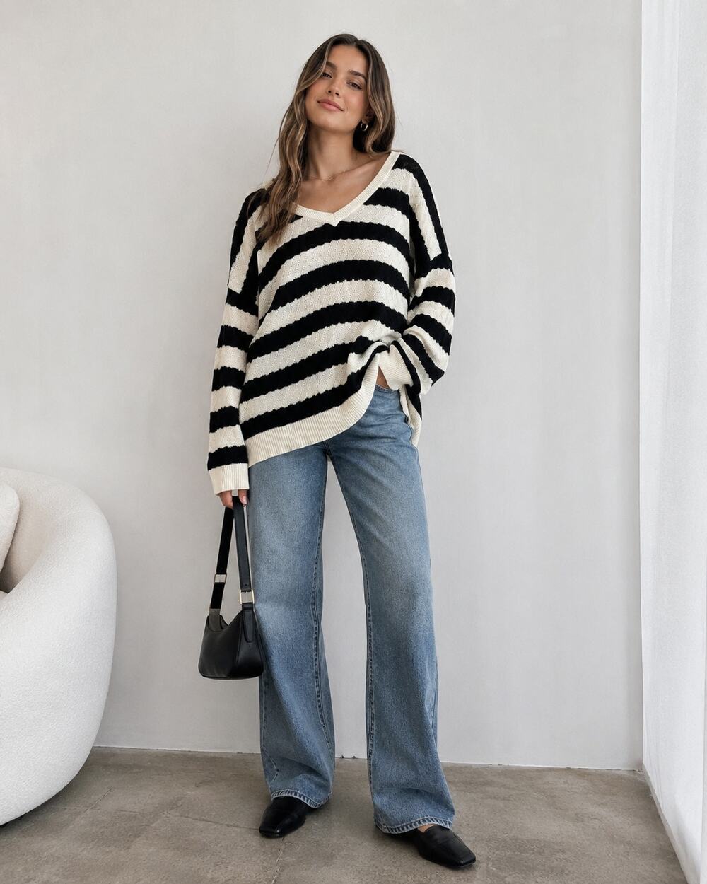 MADEWELL Striped White Black Knit V-Neck Sweater Womens XS Slouchy Oversized